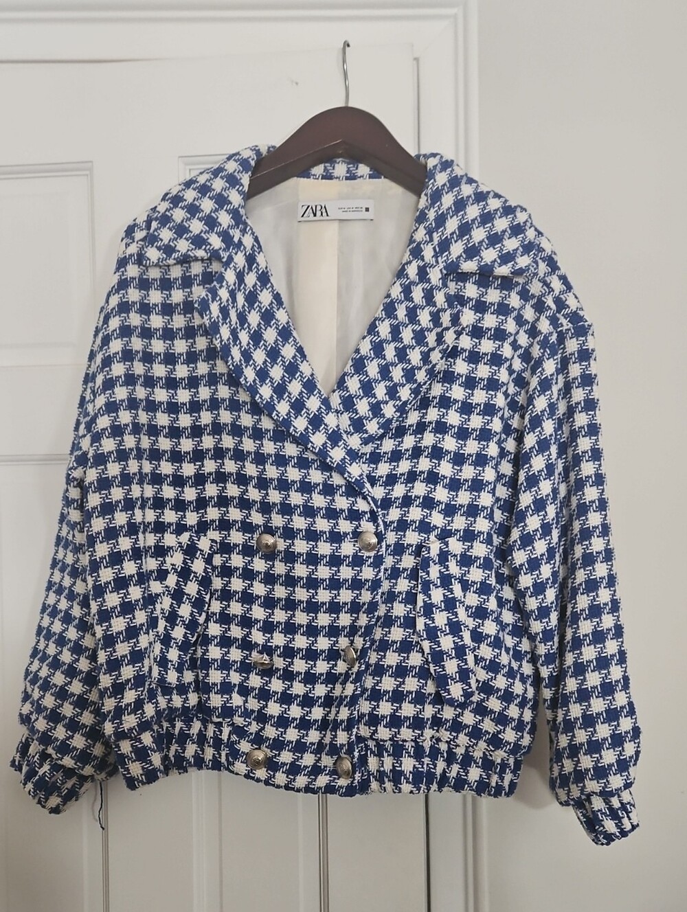 ZARA Blue & White Houndstooth Double-Breasted Vintage Jacket
